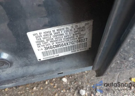 2007 Honda Accord 2.4 Lx z USA, uszkodzony, nr VIN 3HGCM564X7G704027